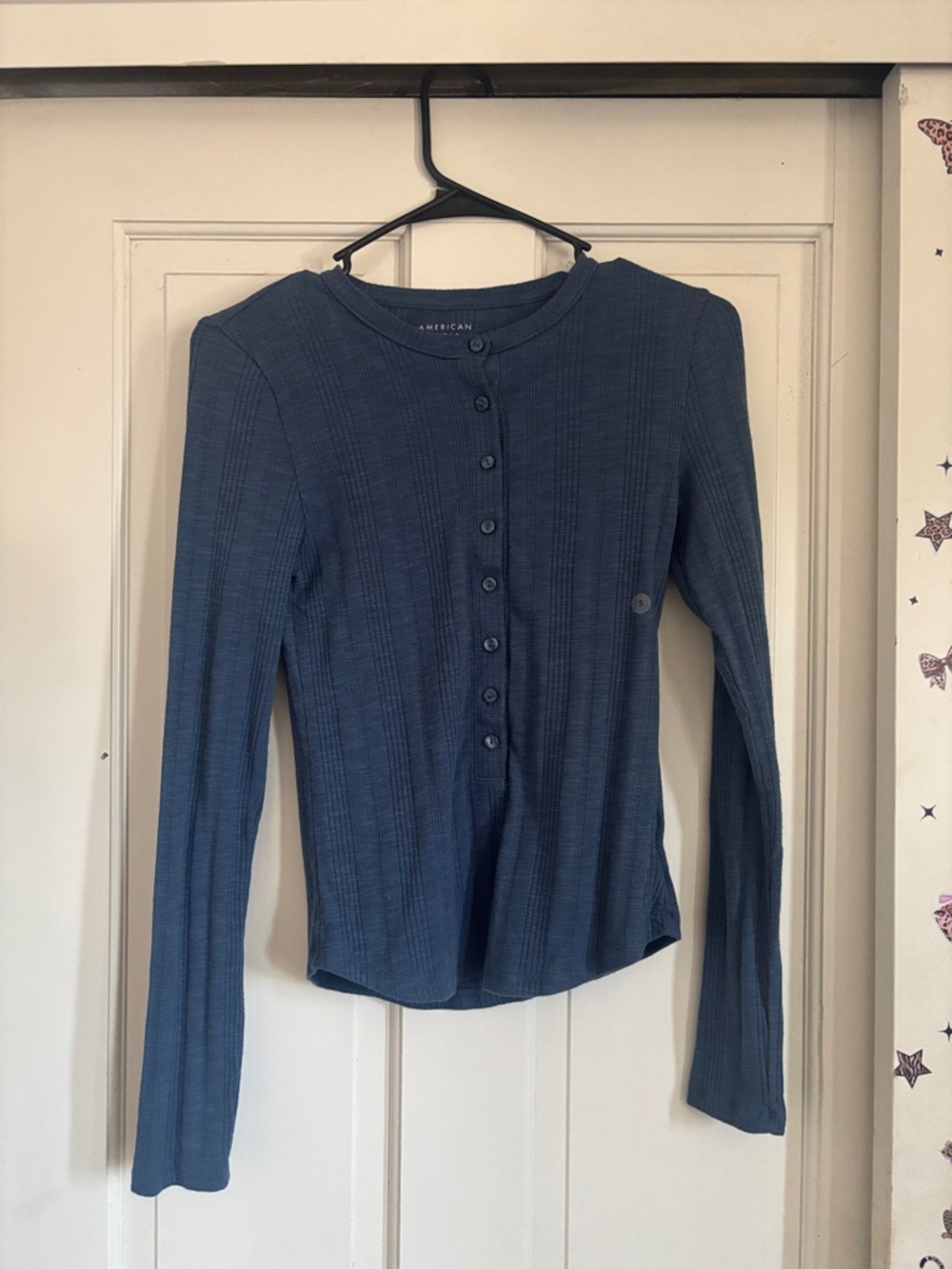 American Eagle Outfitters Ribbed Button-Front Long Sleeve Top in Blue